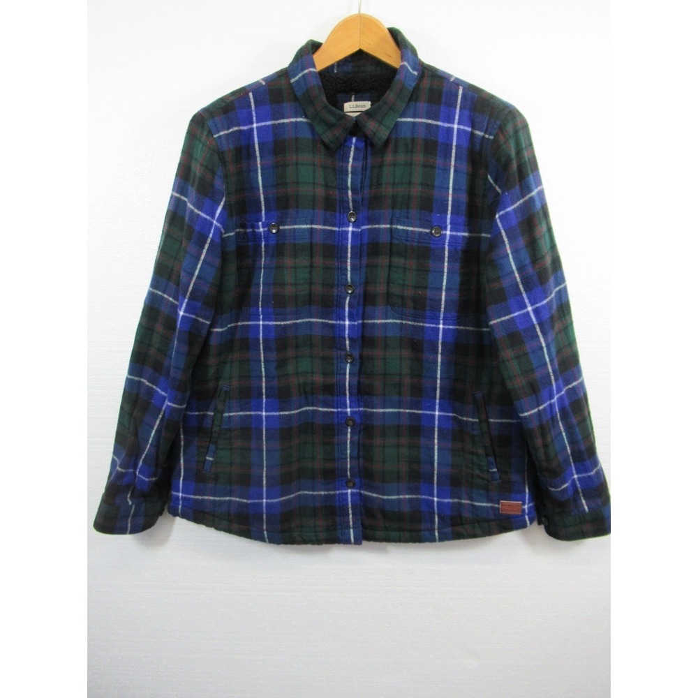 LL Bean Sherpa Lined Flannel Shirt Jacket Women Large Plaid Shacket 508264